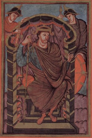 King Lothair I is shown in a cloak fastened on one shoulder worn over a long-sleeved tunic and cross-gartered hose