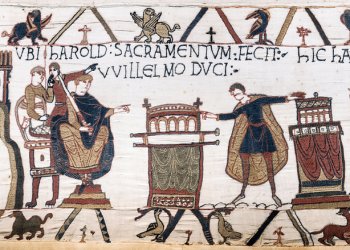 Harold swearing oath on holy relics to William, Duke of Normandy.