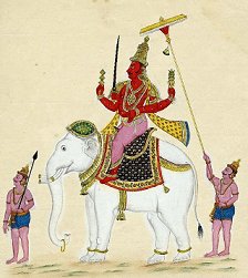 A painting of Indra on his elephant mount, Airavata. 