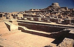 Excavated ruins of Mohenjo-daro, with the Great Bath in the front