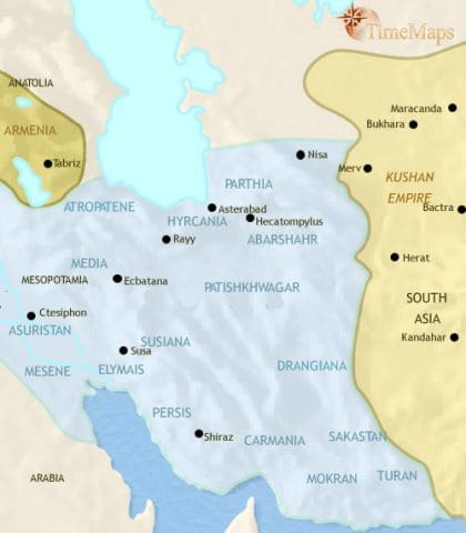Map of Iran in 200 CE, when the Parthian empire is in terminal decline and Greek culture is being challenged by a revival of native Iranian culture.