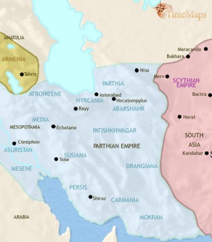 Map of Iran in 30 BCE, Iran is the center of a large empire - the Parthian after they successfully conquered all the provinces previously ruled by the Seleucids east of Syria.