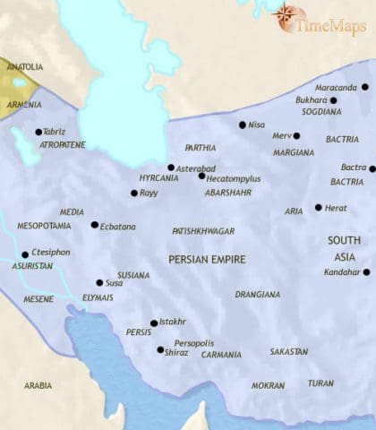 Map of Iran in 500 CE, when it is at the centre of a Persian dynasty, the Sasanids (Iranian nobles), under which pre-Islamic Persian civilization reaches its peak.