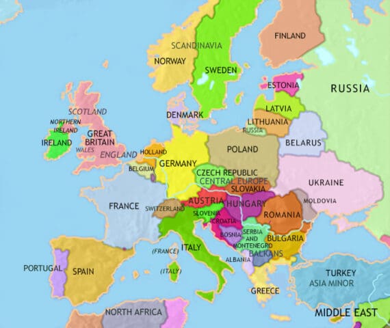 Map of Europe in 2005 CE, communism has collapsed, Germany is reunited, and the Soviet Union and Yugoslavia fragmented. Democratic government spreads.