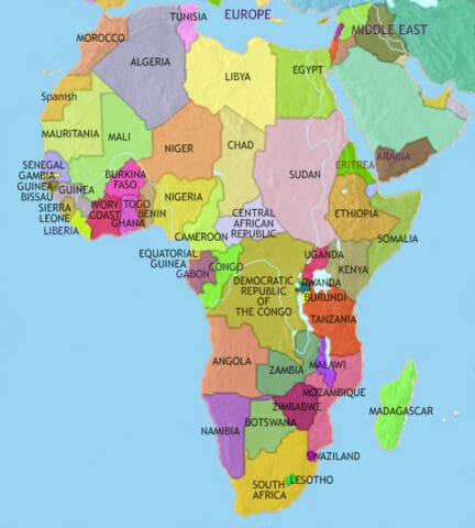 Map of Africa in 2005 CE, European powers have withdrawn from their empires. Apartheid has ended in South Africa and Zimbabwe. Some countries have seen war and/or genocide
