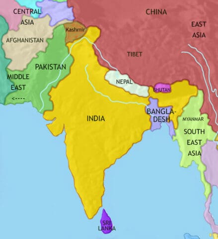 Map of India and South Asia in 2005 CE, East Pakistan is now the independent country of Bangladesh. Contention over Kashmir remains between India and Pakistan.
