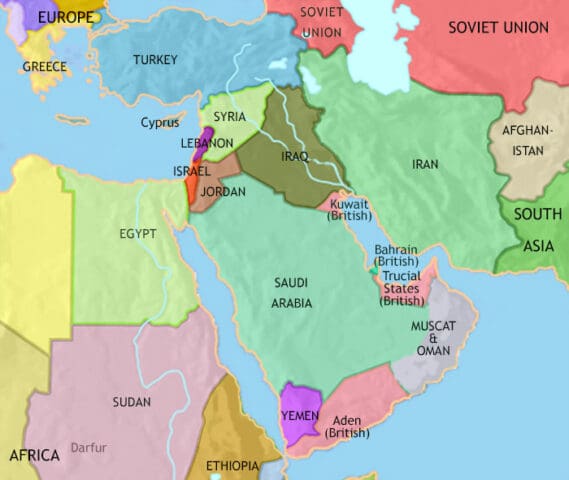 Map of the Middle East in 1960, showing the situation after the Ottoman kingdom is broken up, amongst different states and the Jews have declared the independent state of Israel.