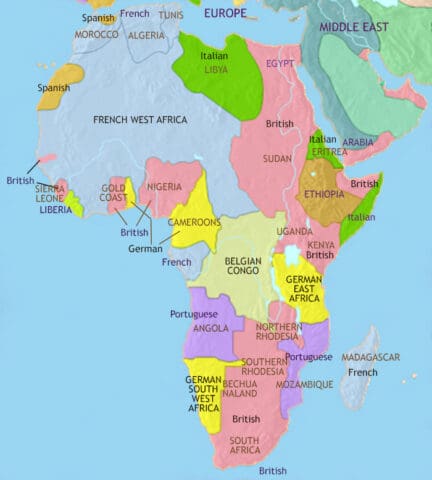Map of Africa in 1914 CE, European powers have divided up almost all of Africa between them. In South Africa, the Boer War has seen Boer republics incorporated into British ruled territory.
