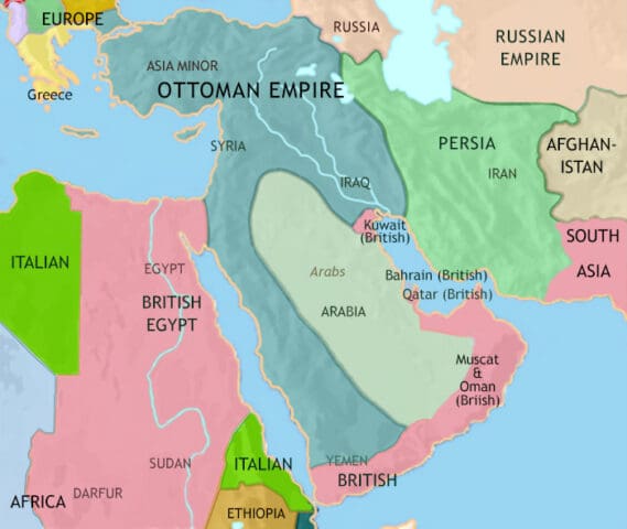 Map of the Middle East in 1914, Ottoman control tightens, Egypt and some small emirates under British control, third Saudi kingdom has appeared.