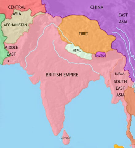 Map of India and South Asia in 1914 CE, showing India under British rule. Britain and Russia jockey for influence in Afghanistan and Central Asia.