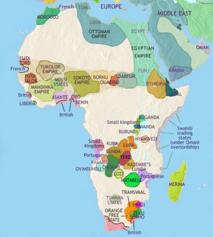 Map of Africa in 1871 CE, France has colonized the North Africa coast, France and Britain have established enclaves on the West Africa coast. European explorers have visited the interior.
