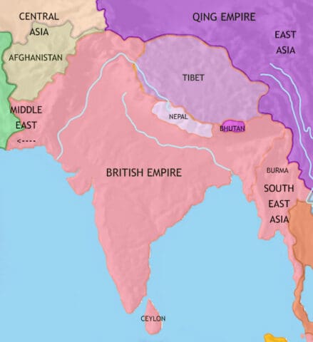 Map of India and South Asia in 1871 CE, showing the end of the Sikh empire, leaving the British in complete direct control of India, despite a great rebellion.
