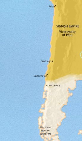 Map of Chile in 1648 CE, the Spanish control the north but have been unable to subdue the indigenous peoples of central Chile - the Araucanians.