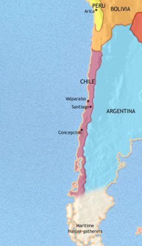 Map of Chile in 1837 CE, now independent from Spain, largely due to Bernardo O'Higgins. After his abdication, severe disorder followed until Diego Portales compromise constitution.