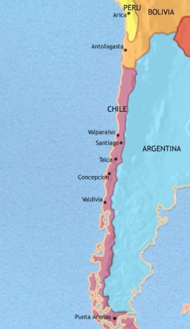 Map of Chile in 1871 CE, Chile has experienced political stability and economic progress. In the Araucanian-controlled south, pacification is far from complete.