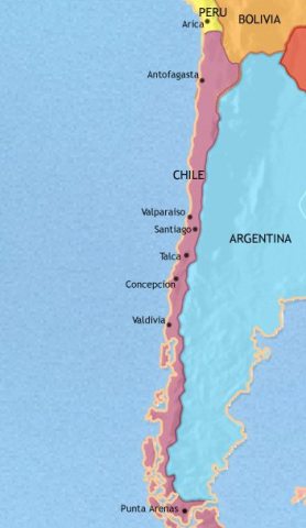 Map of Chile in 1914 CE, after the country has extended its borders in the War of the Pacific with Peru and Bolivia.