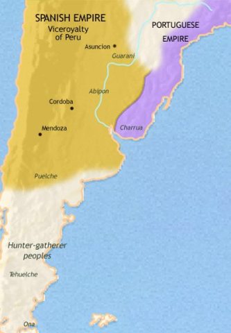 Map of Argentina, Paraguay and Uruguay in 1648 CE, home to settled farmers, the Guarani, the region is isolated thousands of miles from the centres of Spanish rule.