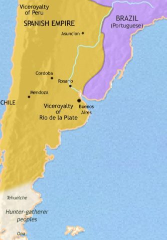 Map of Argentina, Paraguay and Uruguay in 1789 CE, this region has assumed greater importance to Spain. Nomadic horsemen ‘gauchos’ are a growing class of people.
