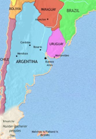 Map of Argentina, Paraguay and Uruguay in 1837 CE, since the wars of independence, Paraguay and Uruguay have split away from Argentina.