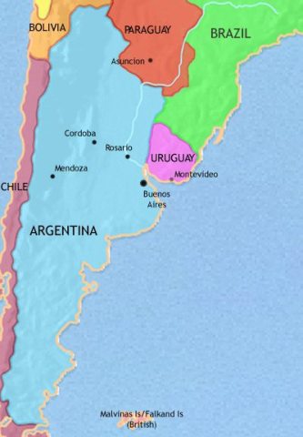 Map of Argentina, Paraguay and Uruguay in 1871 CE, Paraguay has been utterly ruined by a war with Brazil and Argentina. Uruguay has experienced civil war.