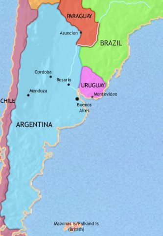 Map of Argentina, Paraguay and Uruguay in 1914 CE, Argentina has attracted large European investment and immigration. Paraguay reconstructs and Uruguay turns towards democracy.