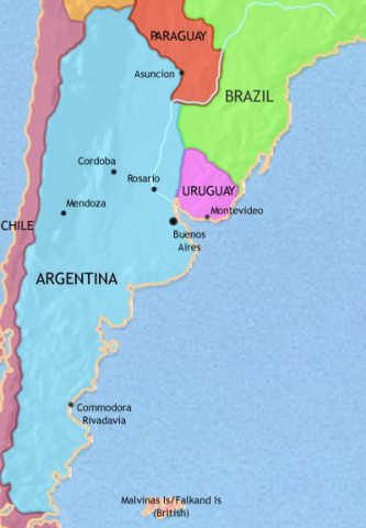 Map of Argentina, Paraguay and Uruguay in 1960 CE, the charismatic Eva Peron influences Argentine politics. Paraguay wins a bitter war with Bolivia. Uruguay sees political stability.