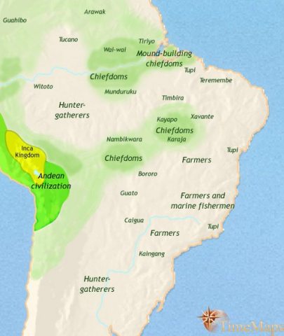 Map of Brazil in 1453 CE, when Amazonia is home to powerful well-organized states and complex hierarchical societies with sophisticated technologies.