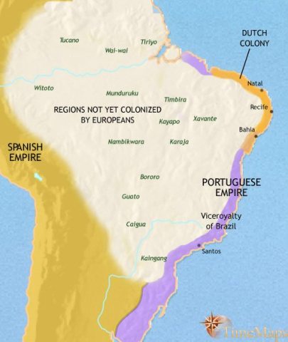 Map of Brazil in 1648 CE, the complex societies of Amazonia have vanished, and the region has been claimed by Portugal. Lack of Indian labour has led to the beginning of the slave trade.