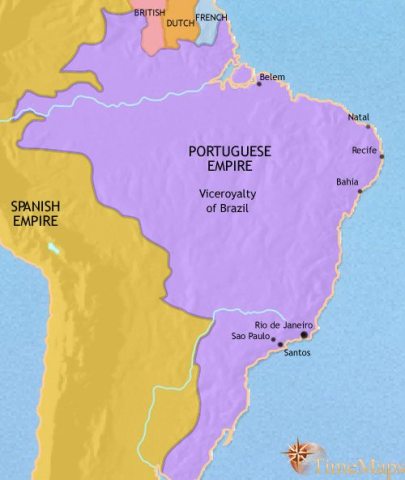Map of Brazil in 1789 CE, when the huge country is still a part of the Portuguese Empire. Rio de Janeiro has become the main centre of economy and society.