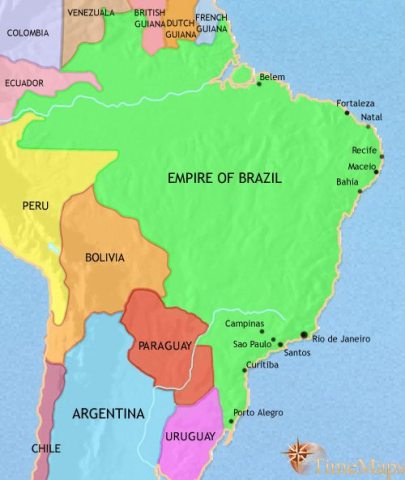 Map of Brazil in 1837 CE, proper government has been established and Brazil is now an independent country under a branch of the Portuguese royal family.