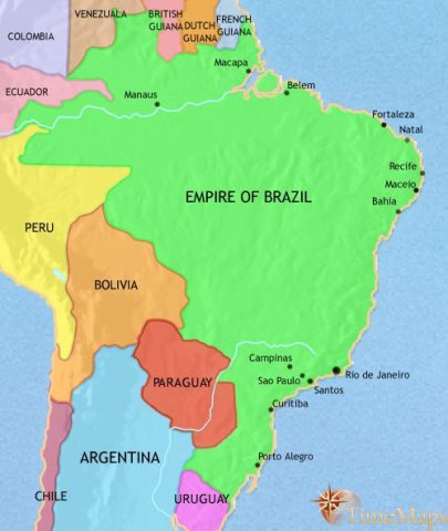 Map of Brazil in 1871 CE, Brazil's economy has greatly expanded and democratic institutions, such as a parliamentary government, have developed.