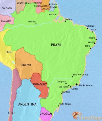 Map of Brazil in 1914 CE, the huge country became a republic after its emperor was ousted by a coup which established a dictatorship.