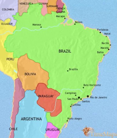 Map of Brazil in 2005 CE, Brazil is now run along democratic lines, despite periods of hyper-inflation and economic crisis it has experienced economic and social progress.