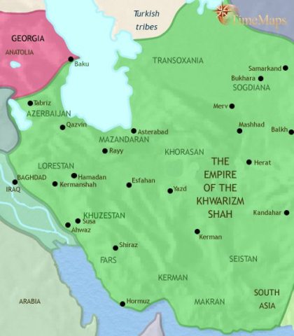 Map of Iran in 1215 CE, after control by the Seljuq Turks, Iran quickly fragmented until the feared Kwarezm-Shah, subdued the whole of Iran and surrounding areas