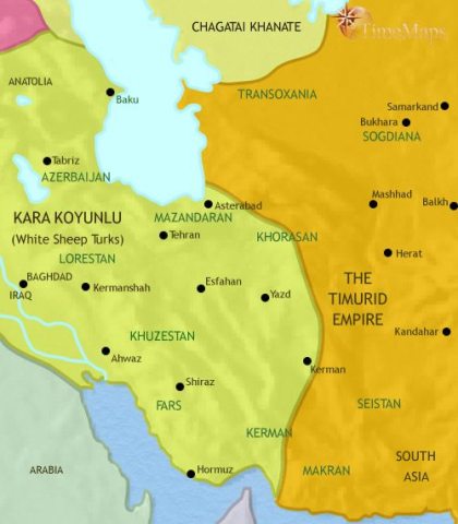 Map of Iran in 1453 CE, after the Mongol Empire another invader, Timur, conquered Iran. His descendants rule eastern Iran, its capital Herat is a brilliant centre of Islamic civilization.