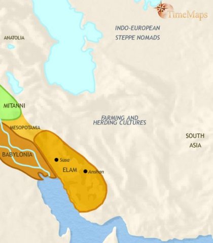 Map of Iran in 1500 BCE, the powerful kingdom of Elam has emerged in southwest Iran. Susa, its capital, is one of the great cities of the Middle East.