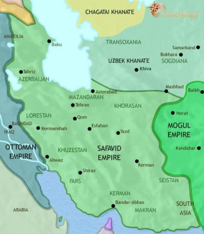 Map of Iran in 1648 CE, after being conquered by White Sheep Turks, Iran the fell to the under the Shi’ite Safavid Empire.