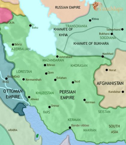 Map of Iran in 1789 CE, after the Safavids strengthened their hold at the expense of other groups, invasion from Afghanistan, and periods of instability, see the empire in decline.