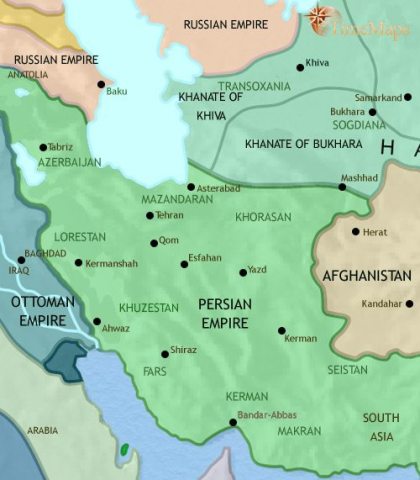 Map of Iran in 1837 CE, for Iran, this is a period of economic stagnation and some territorial loss