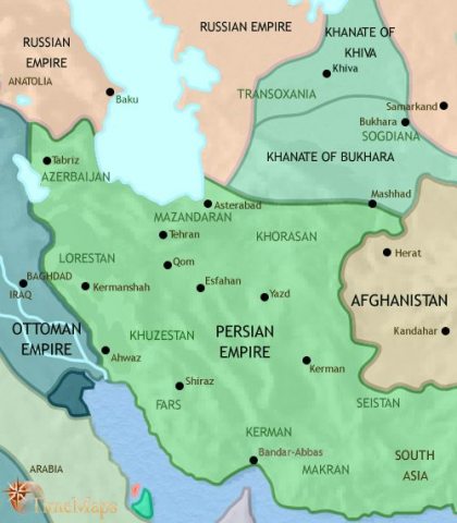Map of Iran in 1871 CE, the Shahs of Iran have maintained their country’s political independence but, economically, are drawn into the British sphere of influence.