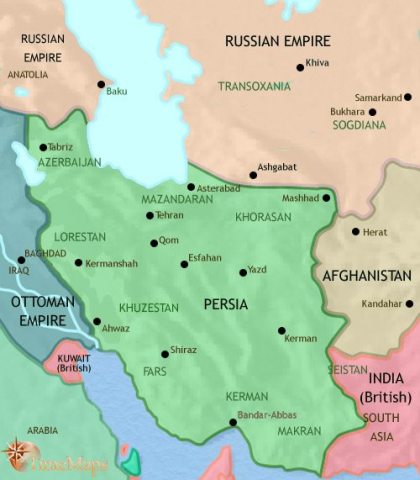 Map of Iran in 1914 CE, Iran is effectively under Russian rule after an assembly, the Majlis passed laws that infringed Russian and British privileges and Russian troops intervened.