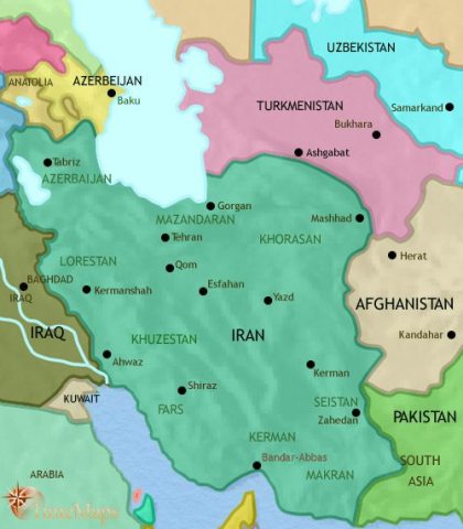 Map of Iran in 2005 CE, the Shah’s programme reforms aroused hostility and resulted in the Islamic Revolution. Iran is now an Islamic Republic controlled by the Shi’ite clergy