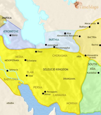Map of Iran in 200 BCE, at the height of the Hellenistic period after Alexander the Great, when the Seleucid kingdom rules the region. The Parthians have established a separate state.