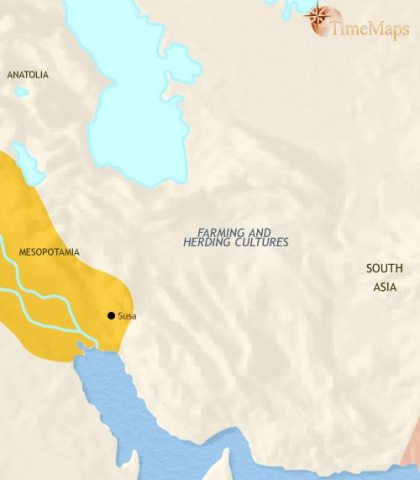 Map of Iran in 2500 BCE, when it is home to small-scale farming and herding societies. The exception being the far south-west corner where the kingdom of Elam is emerging.