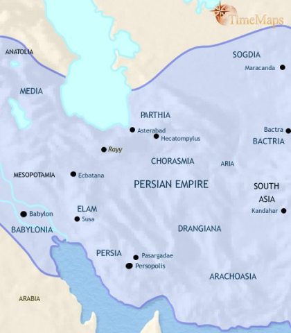 Map of Iran in 500 BCE, now the wealthy centre of the huge Persian Empire, after the Persians conquered the vast empires of the Medes and Babylon.
