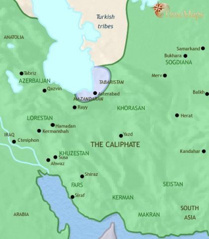 Map of Iran in 750 CE, when the country is a part of the huge Islamic Caliphate. After Iran defeats the oppressive Umayyad caliph, a new caliph is founded, the Abbasid dynasty.