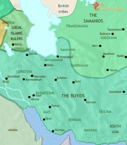 Map of Iran in 979 CE, the country is slipping out of the Caliph's control. The Buyids have formed a large empire and turned their capital, Shiraz, into a great centre of Islamic culture.