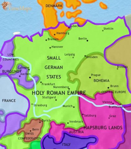 Map of Germany in 1453 CE, after the Golden Bull, when The Holy Roman Empire has become a collection of hundreds of virtually independent principalities and states.