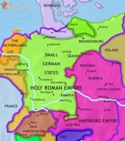 Map of Germany in 1648 CE, after the Reformation, continued tensions with the Hapsburgs sees the terrible 30 Years War. The German states are now independent.