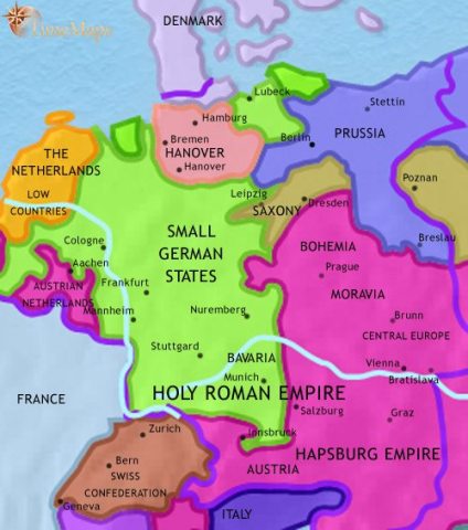 Map of Germany in 1789 CE, when Prussia has emerged to challenge Austria as the leading state in Germany.